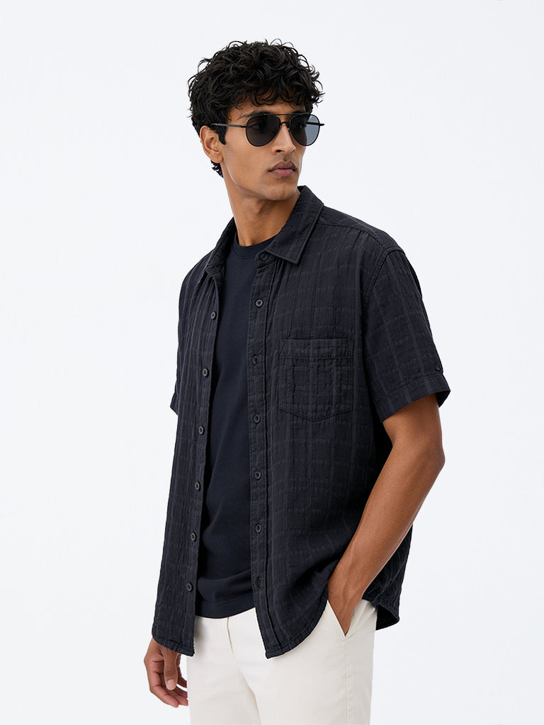 WES Casuals Black Checkered Relaxed-Fit Cotton-Blend Shirt