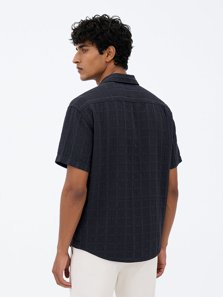WES Casuals Black Checkered Relaxed-Fit Cotton-Blend Shirt