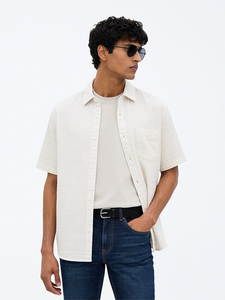 WES Casuals Off-White Textured Relaxed-Fit Cotton Shirt