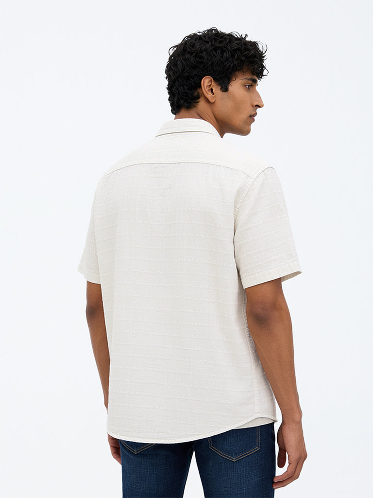WES Casuals Off-White Textured Relaxed-Fit Cotton Shirt