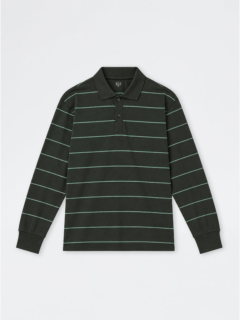 WES Casuals Navy Striped Relaxed-Fit Cotton-Blend Polo T-Shirt