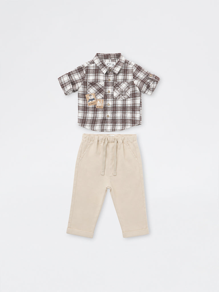 HOP Baby Boys Brown Checkered Cotton Shirt and Pant Set