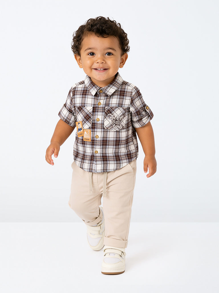 HOP Baby Boys Brown Checkered Cotton Shirt and Pant Set