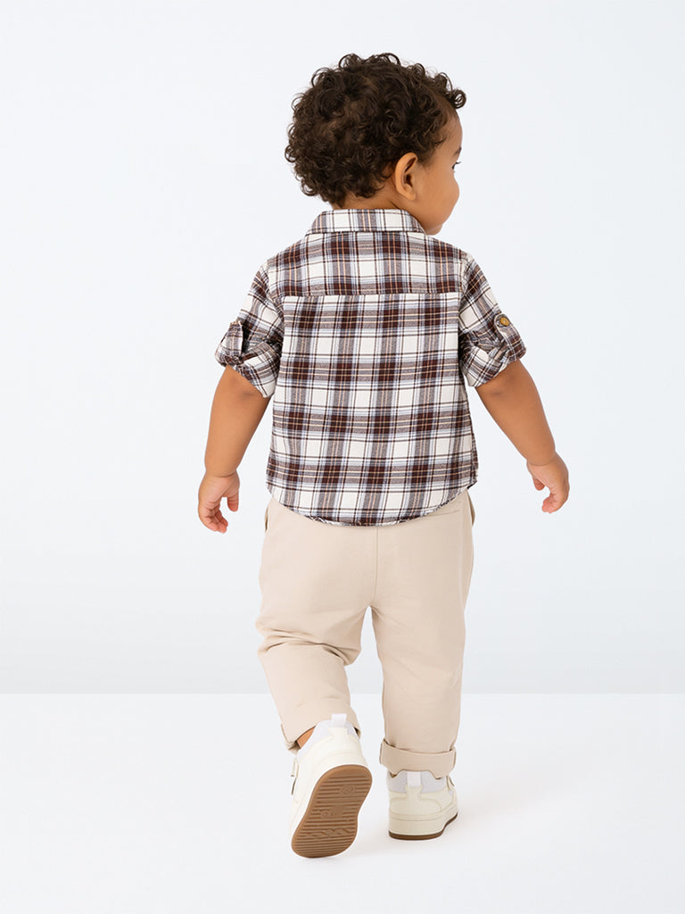 HOP Baby Boys Brown Checkered Cotton Shirt and Pant Set