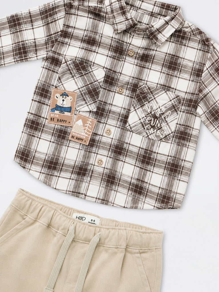 HOP Baby Boys Brown Checkered Cotton Shirt and Pant Set