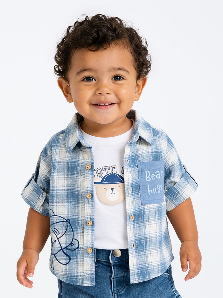 HOP Baby Boys Blue Checkered Cotton Shirt