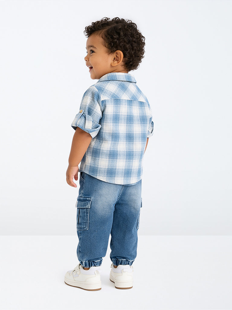 HOP Baby Boys Blue Checkered Cotton Shirt