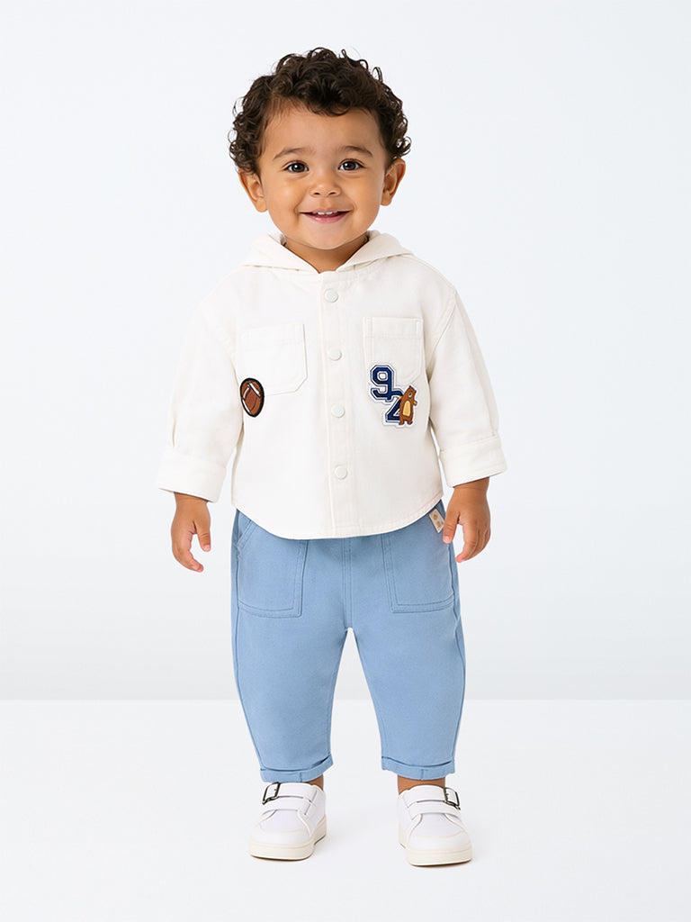 HOP Baby Boys White Patch-Detail Cotton Hooded Shirt
