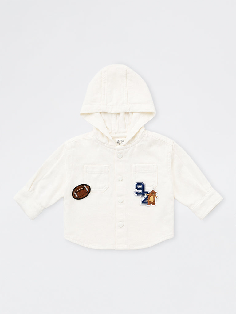 HOP Baby Boys White Patch-Detail Cotton Hooded Shirt