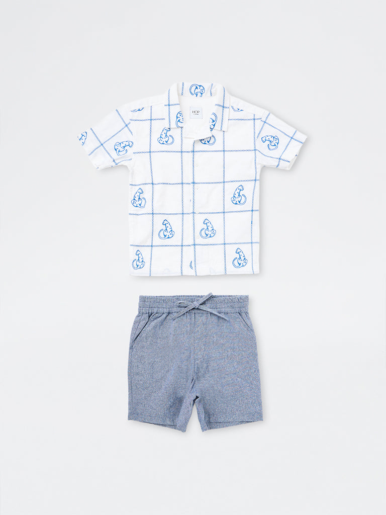 HOP Kids Boys White Embroidered Resort-Fit Cotton Shirt with Shorts Set