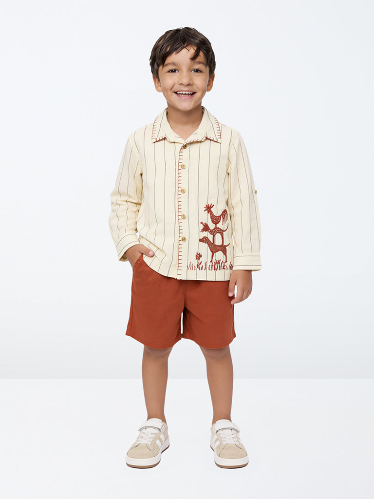HOP Kids Boys Cream Striped Cotton-Blend Shirt and Short Set