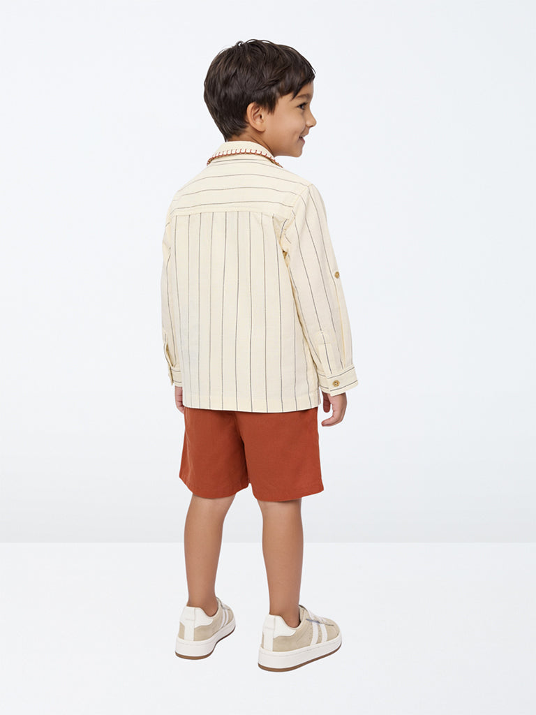 HOP Kids Boys Cream Striped Cotton-Blend Shirt and Short Set