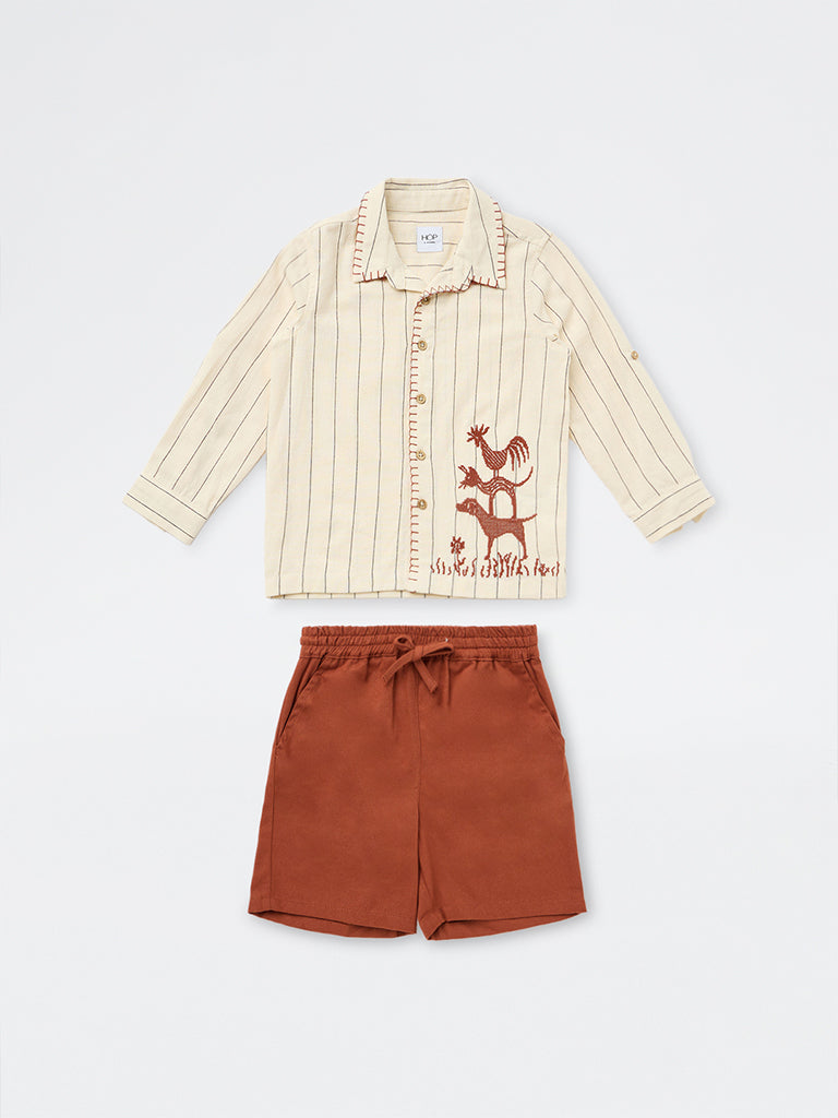HOP Kids Boys Cream Striped Cotton-Blend Shirt and Short Set