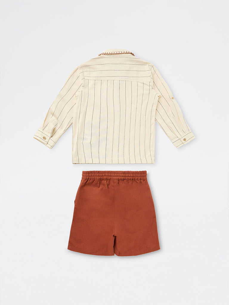 HOP Kids Boys Cream Striped Cotton-Blend Shirt and Short Set
