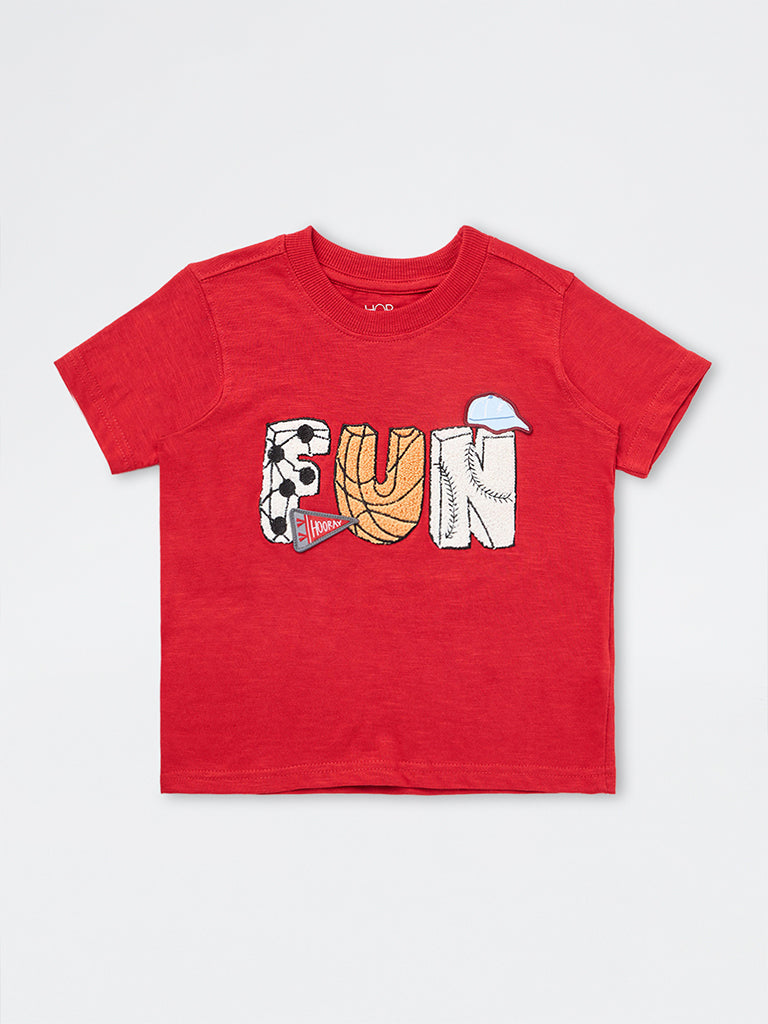 HOP Kids Boys Red Text Embroidered Cotton T-Shirt