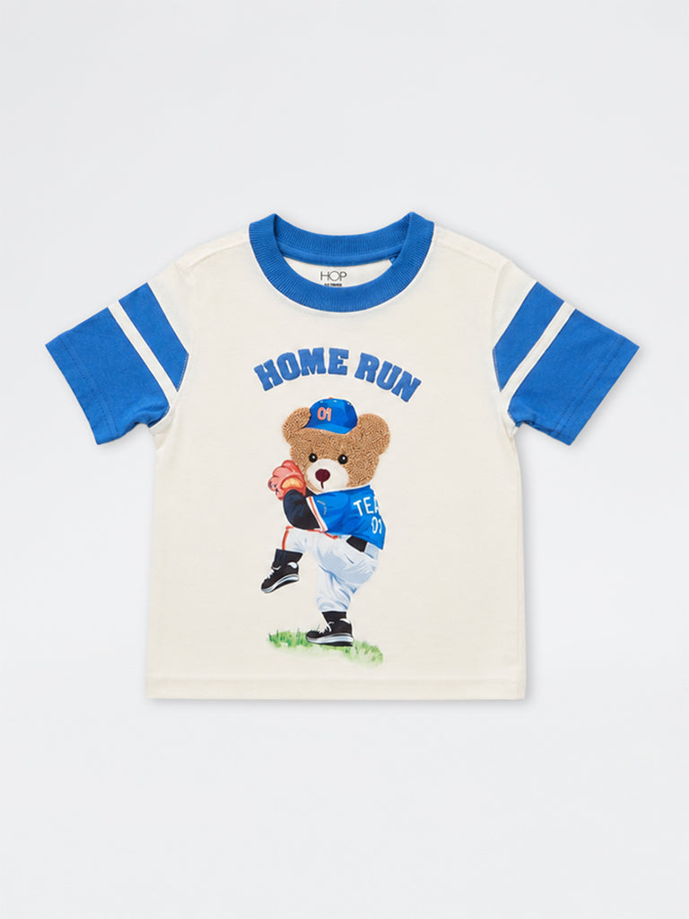 HOP Kids Boys Off-White Teddy-Design Cotton T-Shirt