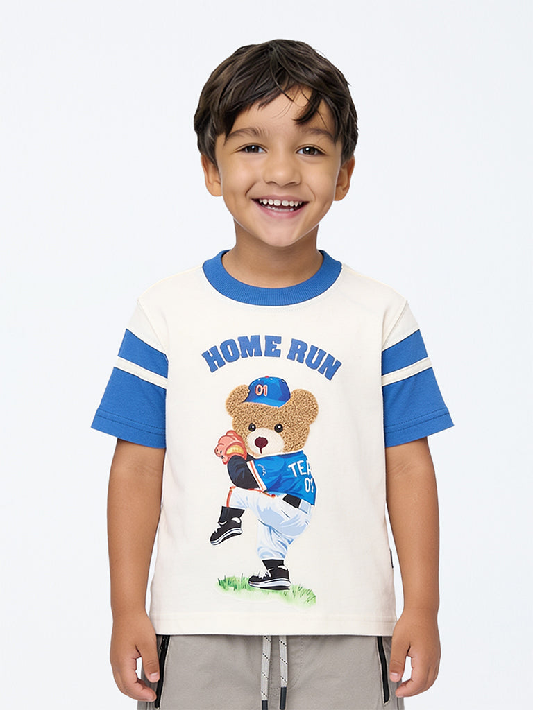 HOP Kids Boys Off-White Teddy-Design Cotton T-Shirt
