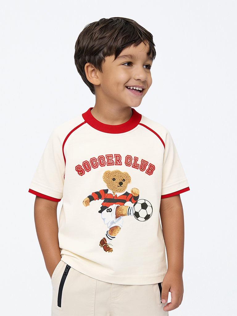 HOP Kids Boys Off-White Teddy Design Cotton T-Shirt