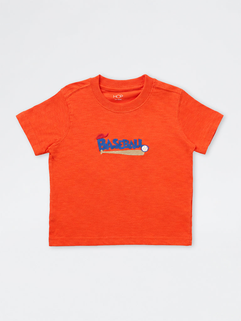 HOP Kids Boys Orange Baseball-Theme Cotton T-Shirt