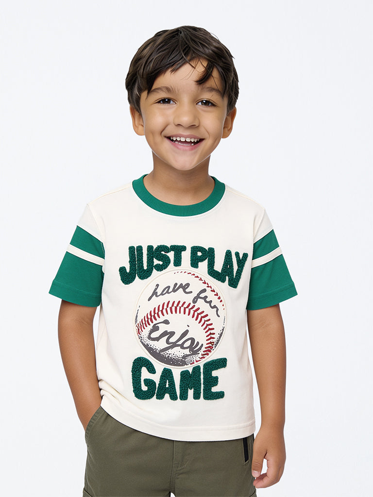 HOP Kids Boys Cream Baseball Theme Cotton T-Shirt