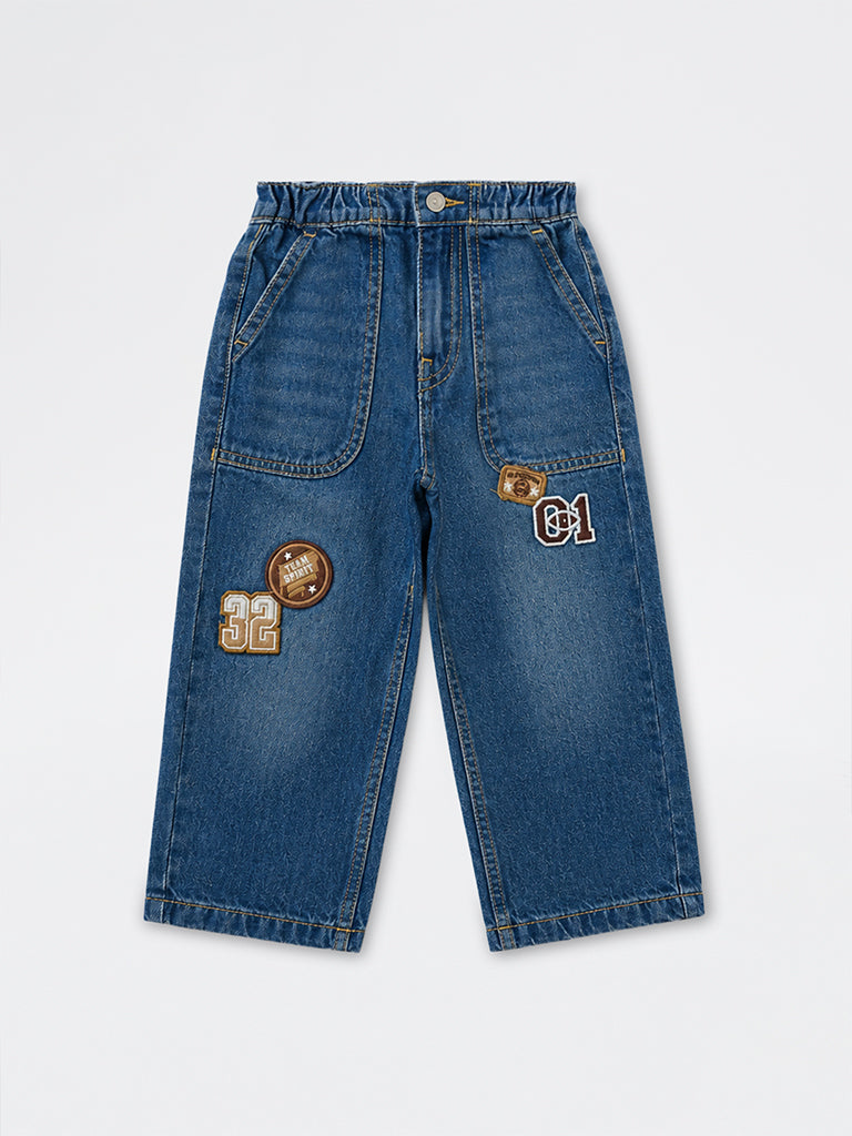 HOP Kids Boys Blue Washed Patch-Detail Mid-Rise Relaxed-Fit Jeans