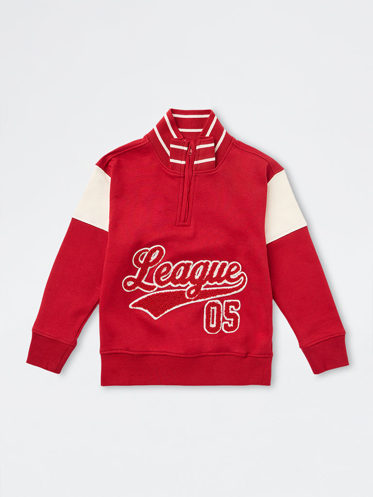 HOP Kids Boys Red Text Embroidered Quarter-Zip Sweatshirt