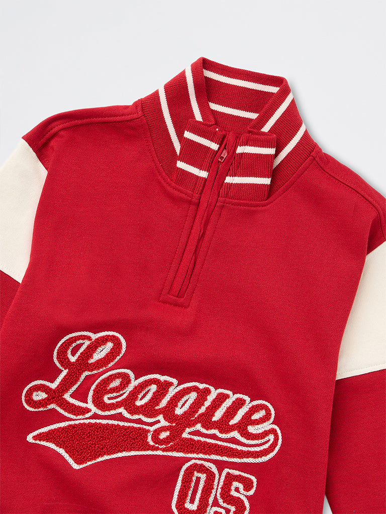 HOP Kids Boys Red Text Embroidered Quarter-Zip Sweatshirt
