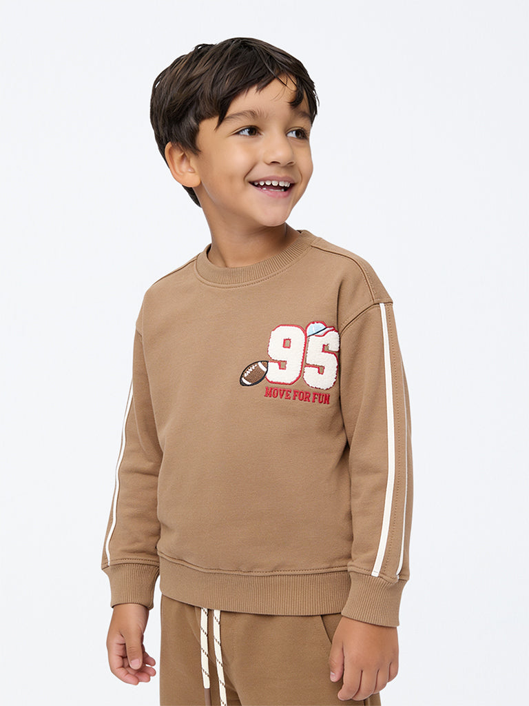 HOP Kids Boys Brown Baseball-Theme Cotton Sweatshirt