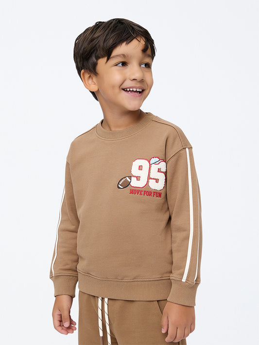 HOP Kids Boys Brown Baseball-Theme Cotton Sweatshirt