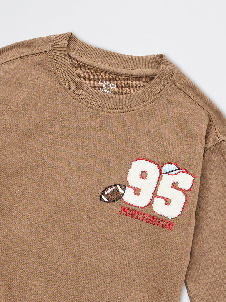 HOP Kids Boys Brown Baseball-Theme Cotton Sweatshirt