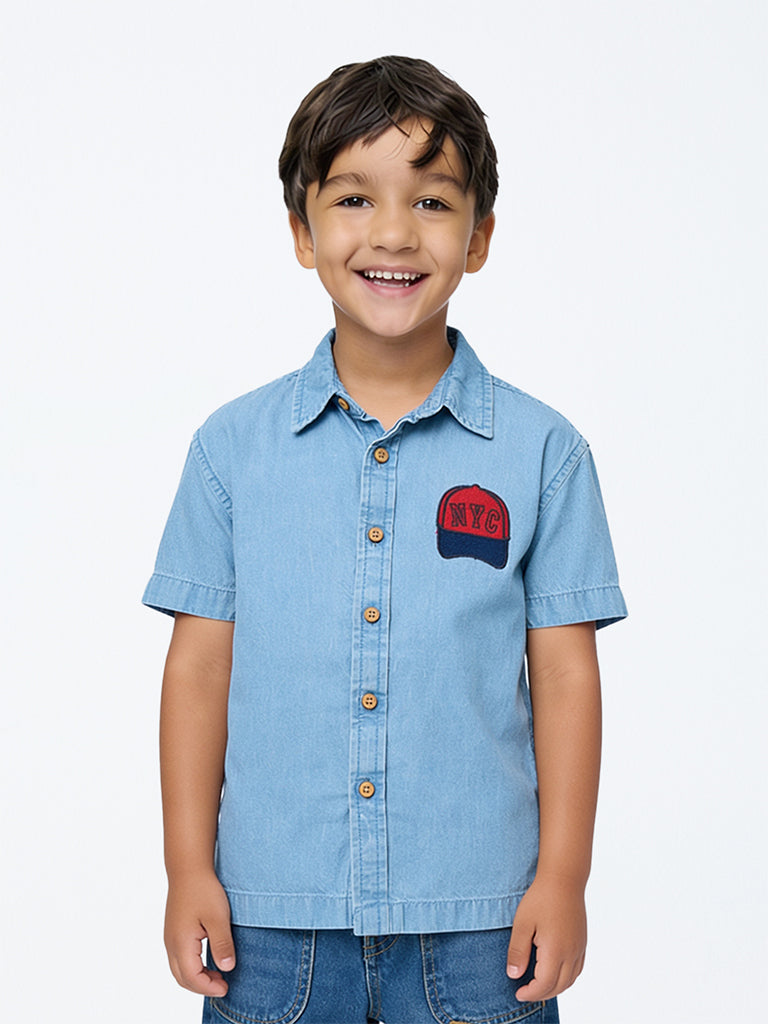 HOP Kids Boys Light Blue New-York Themed Denim Shirt