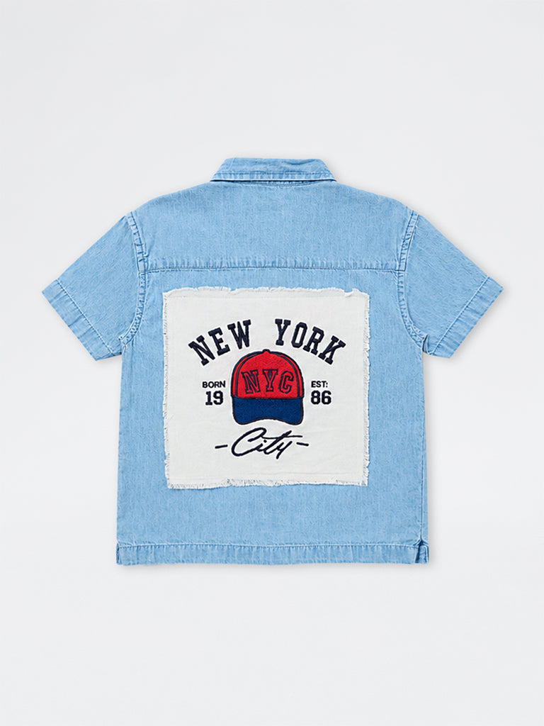HOP Kids Boys Light Blue New-York Themed Denim Shirt