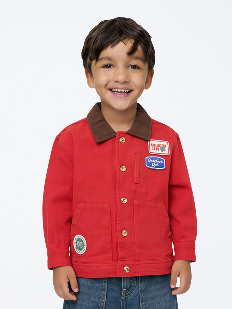 HOP Kids Boys Red Embroidered Denim Jacket