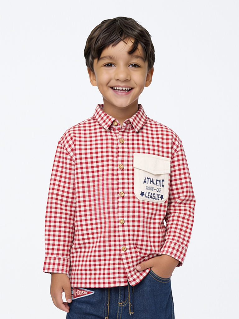 HOP Kids Boys Red Checkered Cotton Shirt