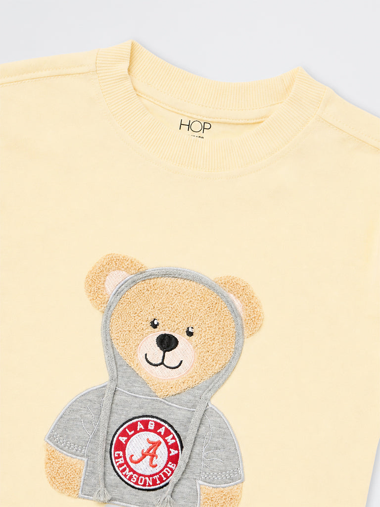 HOP Kids Boys Yellow Teddy Embroidered Cotton T-Shirt