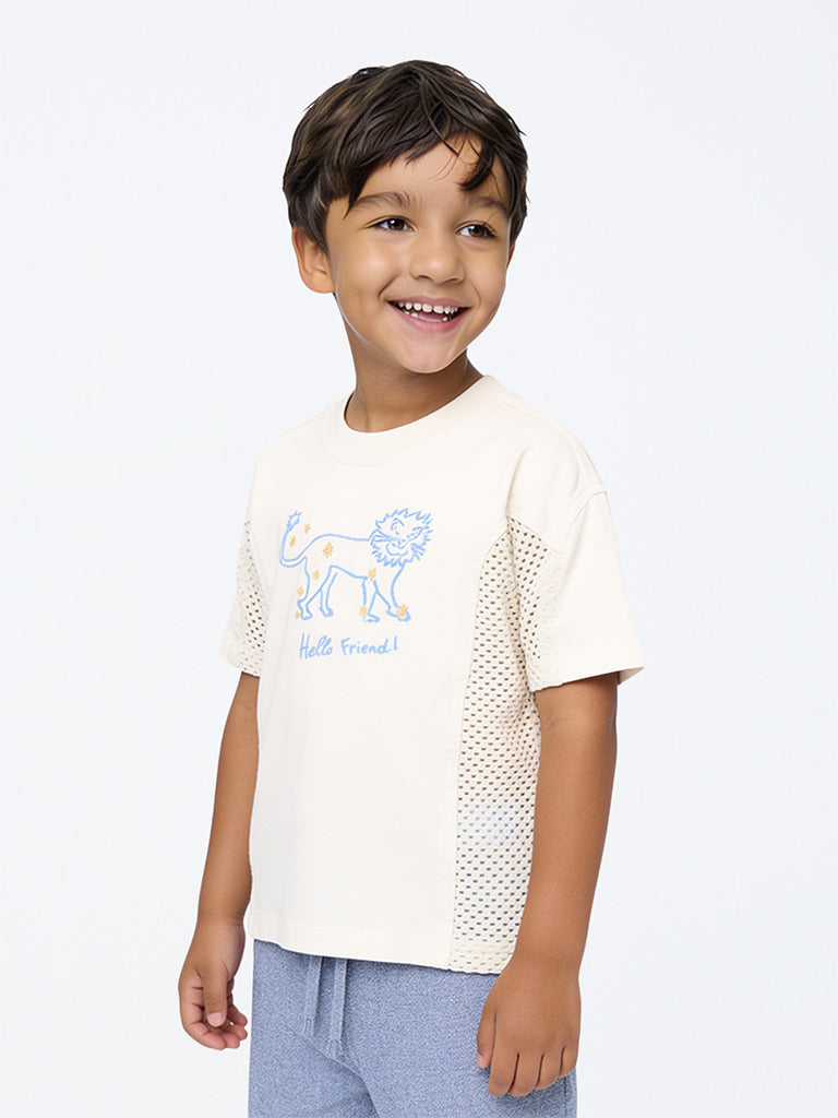 HOP Kids Boys Off-White Embroidered Cotton T-Shirt