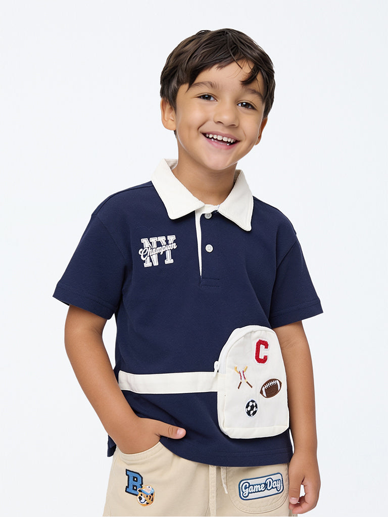 HOP Kids Boys Navy Waist-Bag Style Cotton Polo T-Shirt
