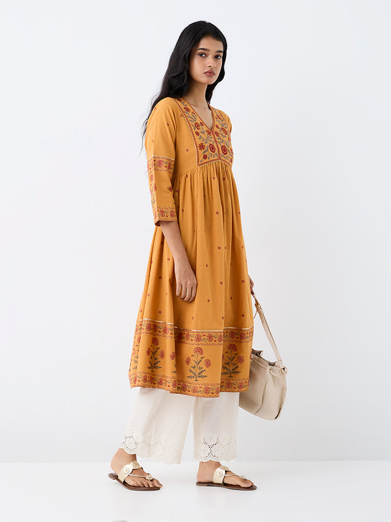 Utsa Mustard Foliage Design Cotton Fit-and-Flare Kurta