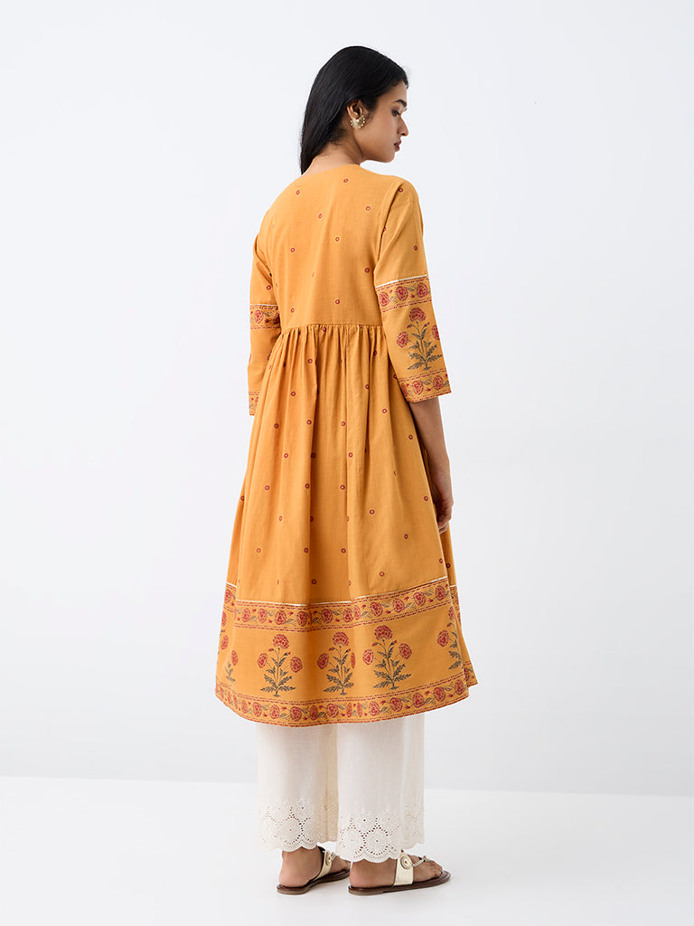 Utsa Mustard Foliage Design Cotton Fit-and-Flare Kurta