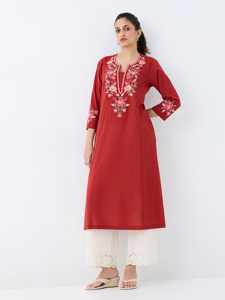 Utsa Red Floral Pattern Cotton A-Line Kurta