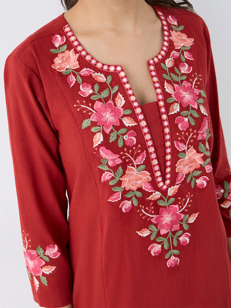 Utsa Red Floral Pattern Cotton A-Line Kurta