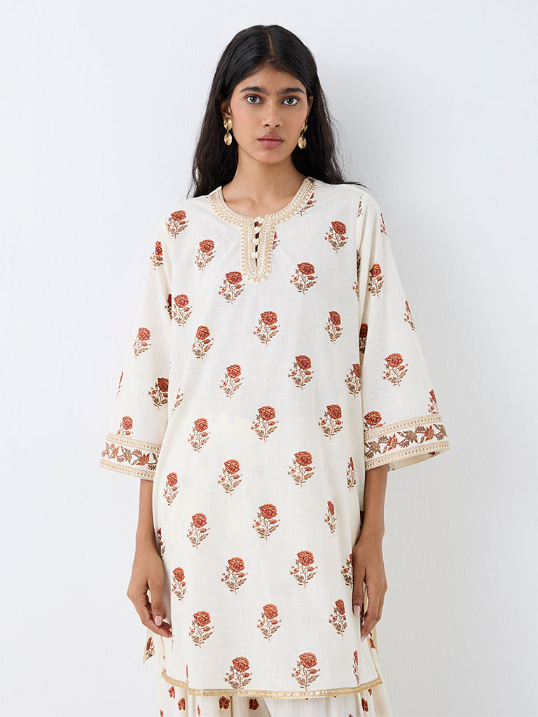 Utsa Off-White Floral Printed Cotton Straight Kurta