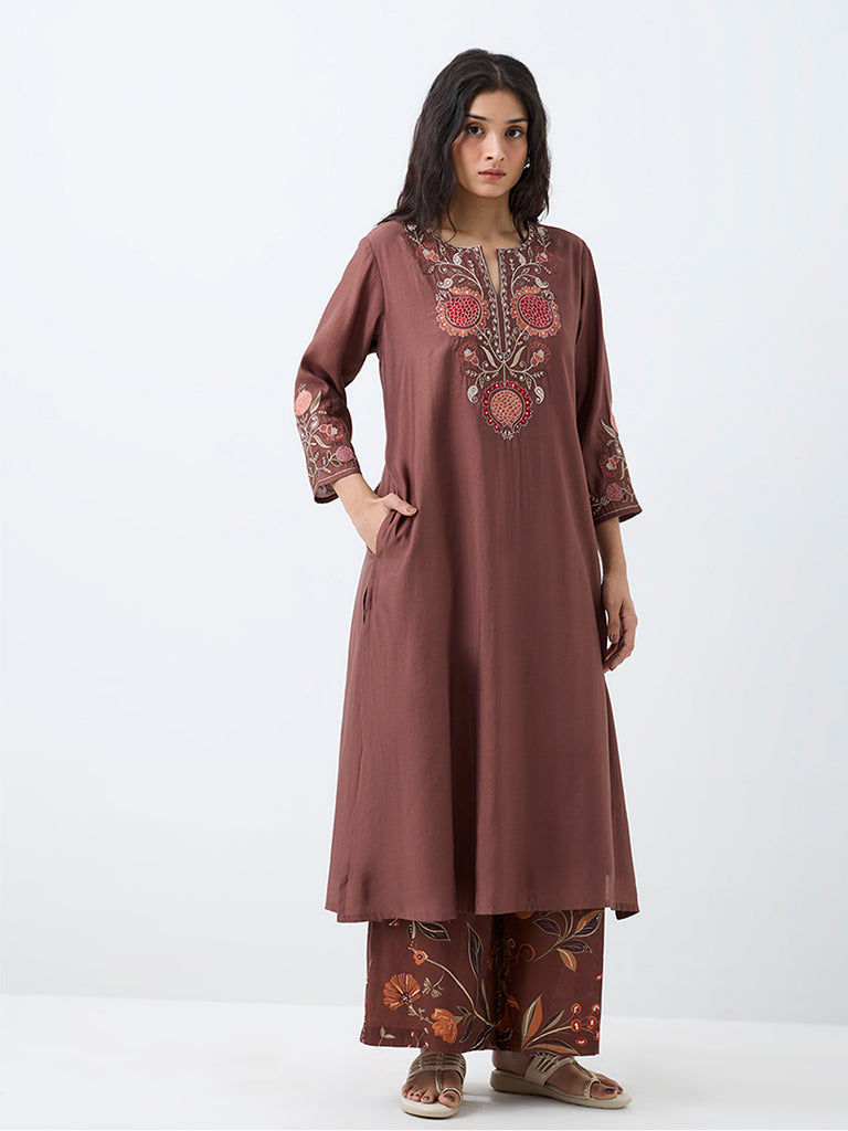 Utsa Brown Anar Embroidered Straight Kurta