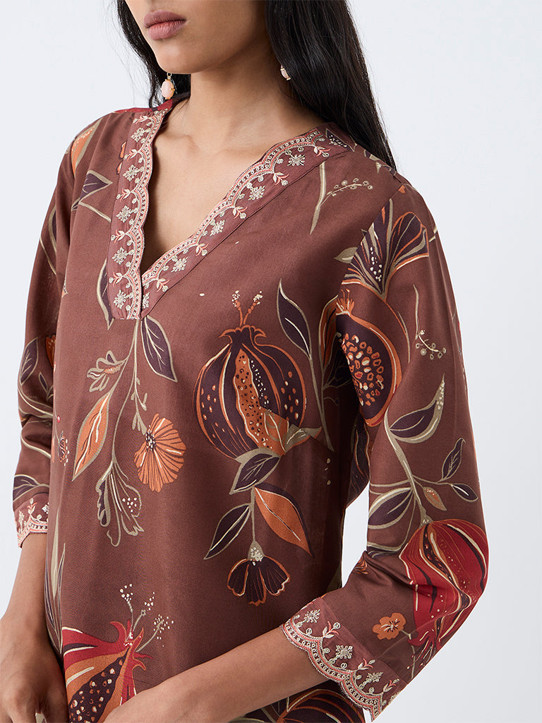 Utsa Brown Anar Printed A-Line Kurta