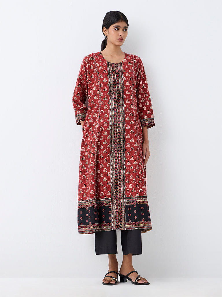 Utsa Red Botanical Printed Cotton A-Line Kurta