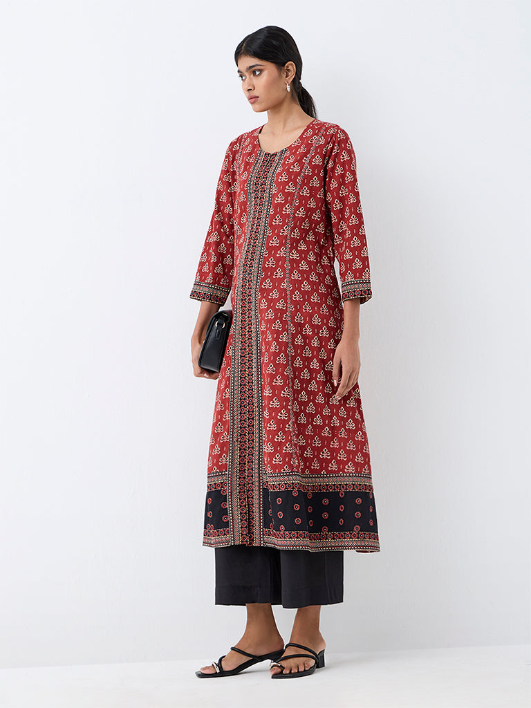 Utsa Red Botanical Printed Cotton A-Line Kurta