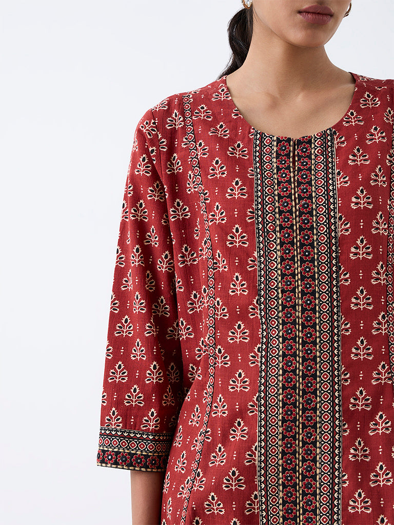 Utsa Red Botanical Printed Cotton A-Line Kurta