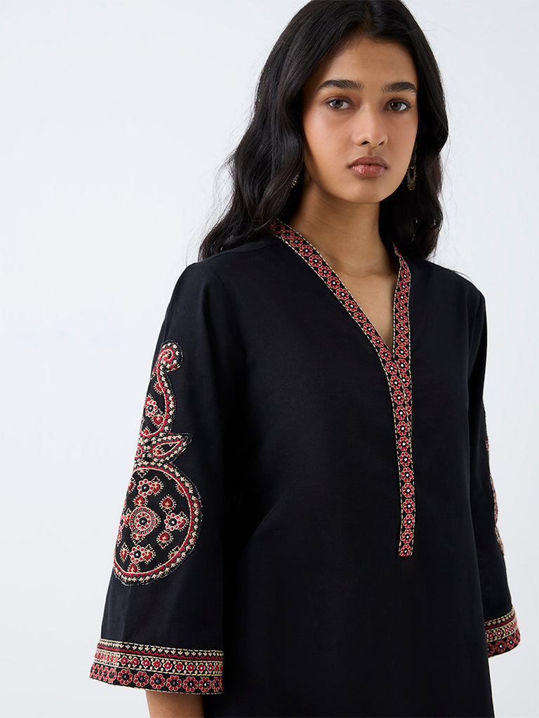 Utsa Black Floral Embroidered Cotton-Blend A-Line Kurta