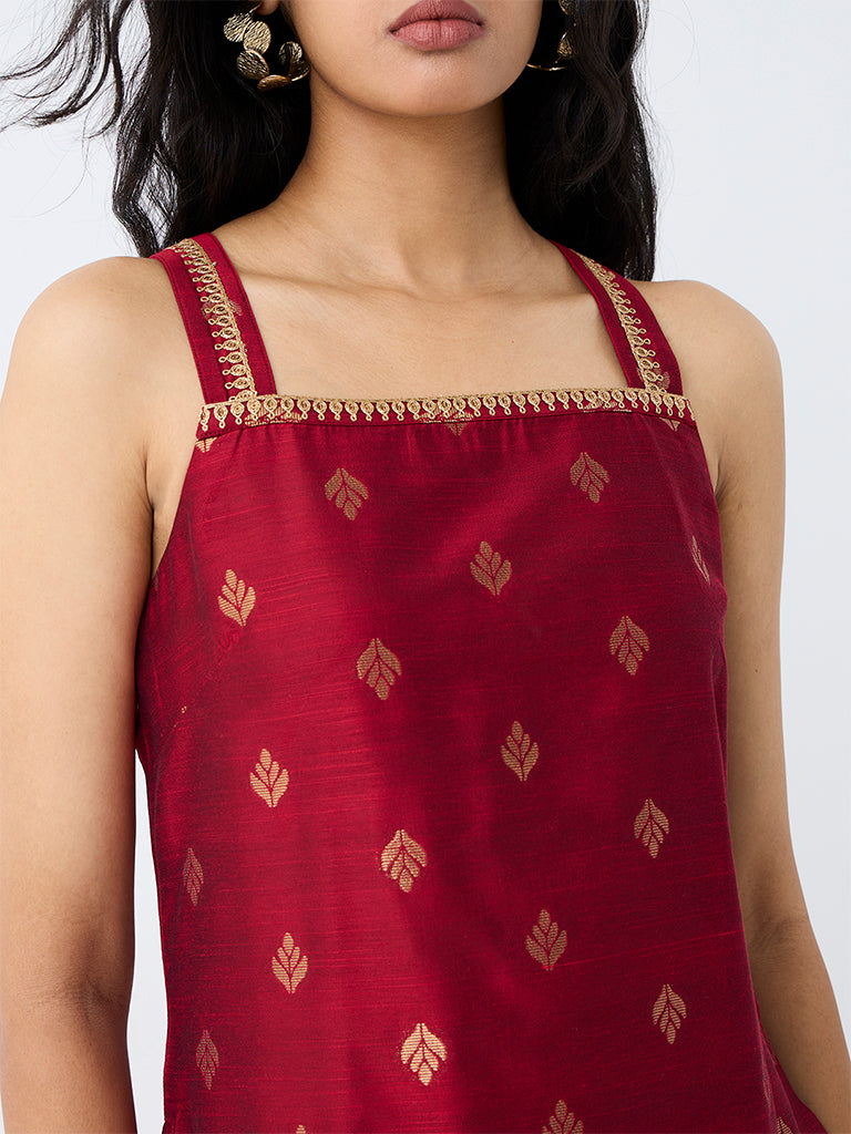 Utsa Red Zari Embroidered Straight Kurti