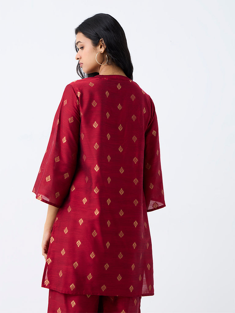 Utsa Red Zari Embroidered A-Line Kurti